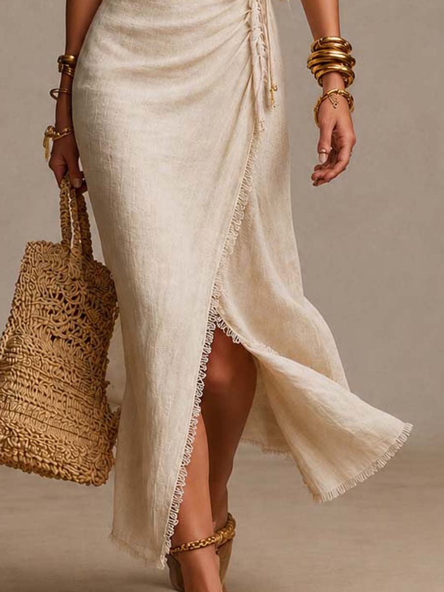 Clémence | Abito Midi in Lino Naturale con Scollatura Incrociata e Pizzo
