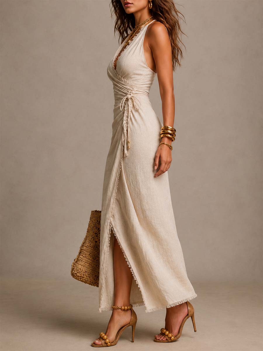 Clémence | Abito Midi in Lino Naturale con Scollatura Incrociata e Pizzo