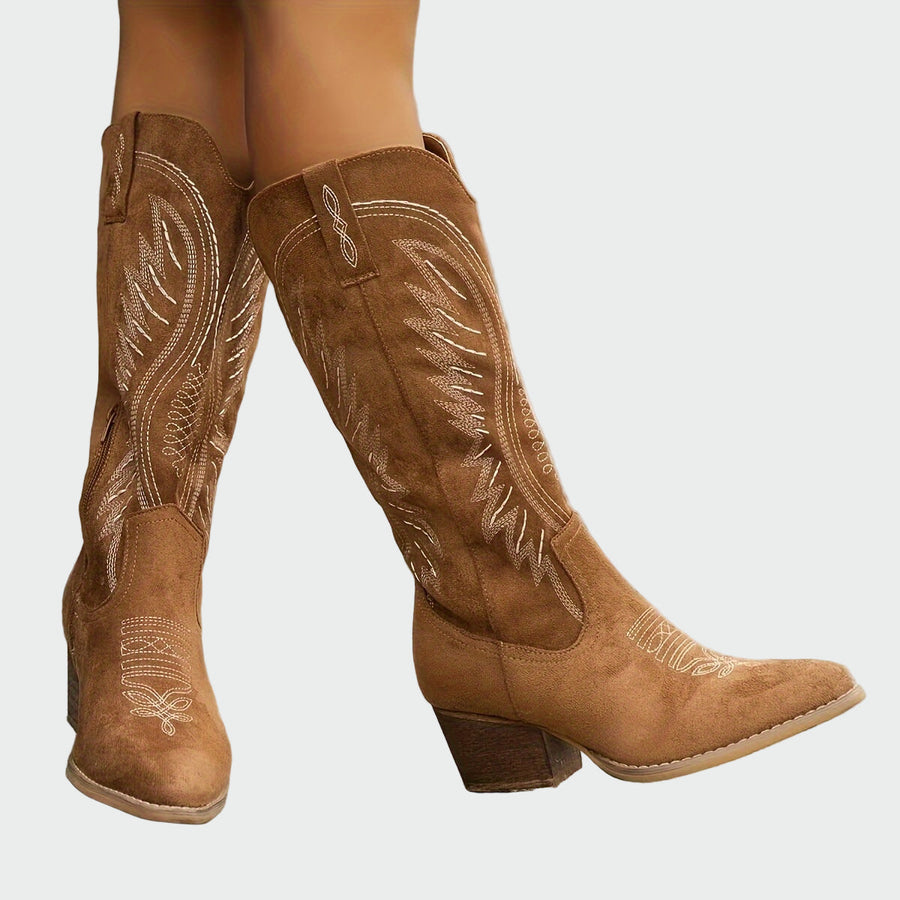 Elena | Stivali Ricamati Western Marroni alla Moda