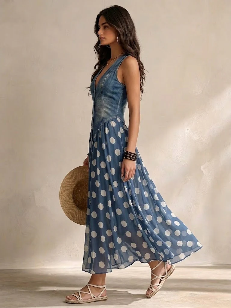 Adeline | Abito Lungo in Denim a Pois