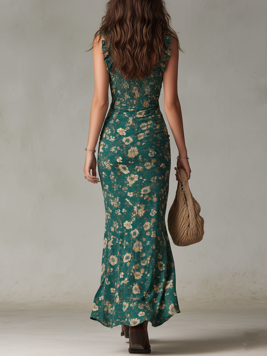 Yarra | Vestito Maxi Boho Retro con Maniche Arricciate e Alta Fessura