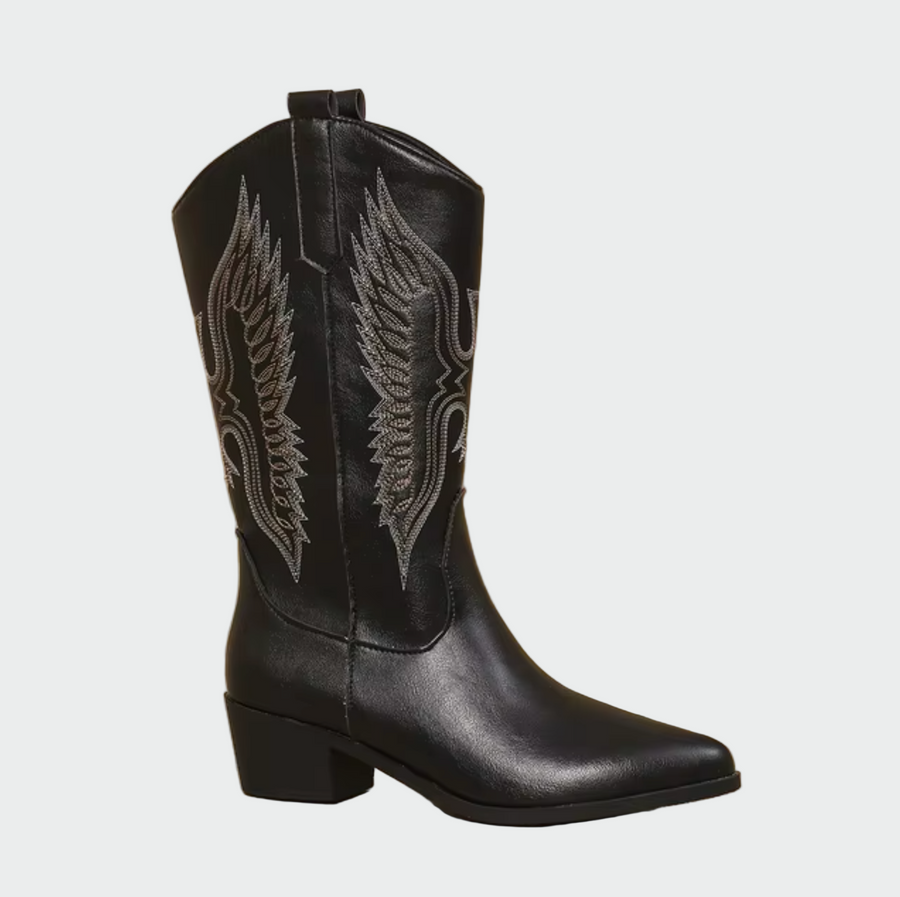 Isabella | Stivali Cowboy Neri Con Dettagli a Piuma