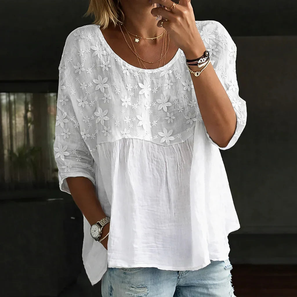 Blusa Patchwork con Fiori Ricamati