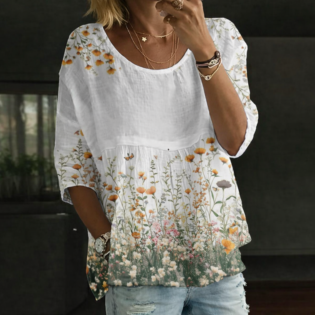 Blusa Patchwork con Fiori Ricamati
