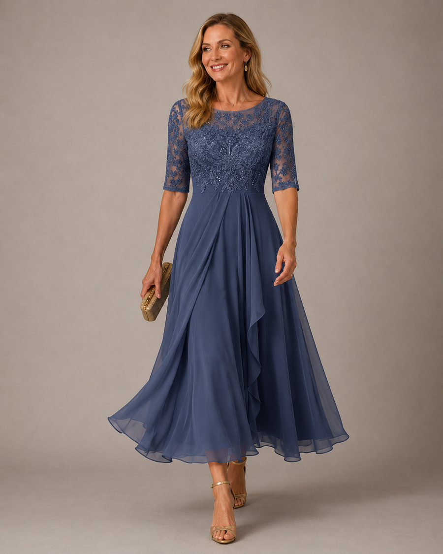 Abito Midi in Pizzo e Chiffon con Maniche a Tre Quarti