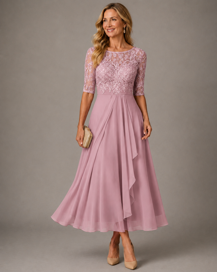 Abito Midi in Pizzo e Chiffon con Maniche a Tre Quarti