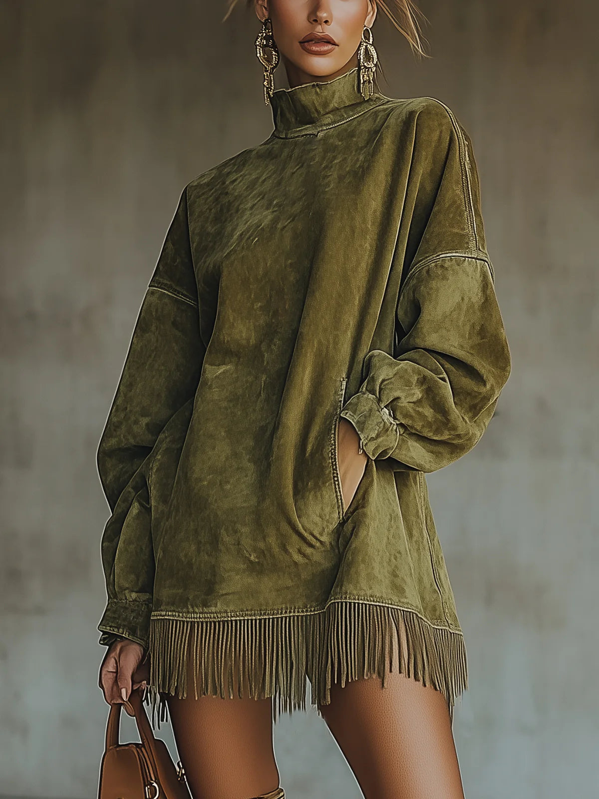 AMALIA | Vestito con collo alto e frange
