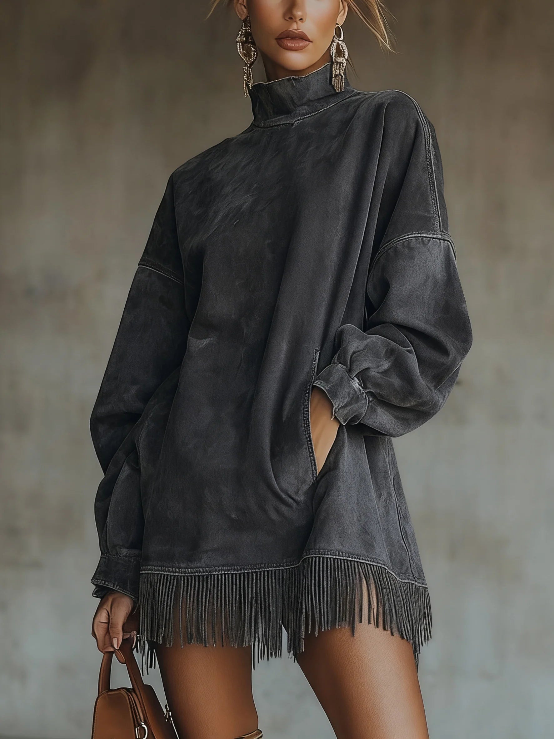 AMALIA | Vestito con collo alto e frange