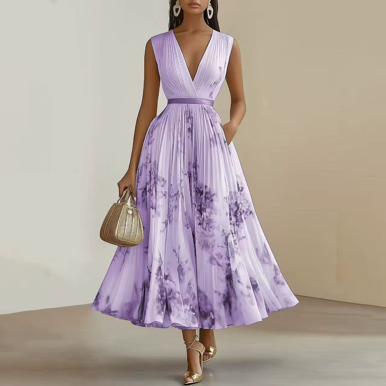 Rosella | Vestito Lungo Plissettato Floreale con Scollatura a V