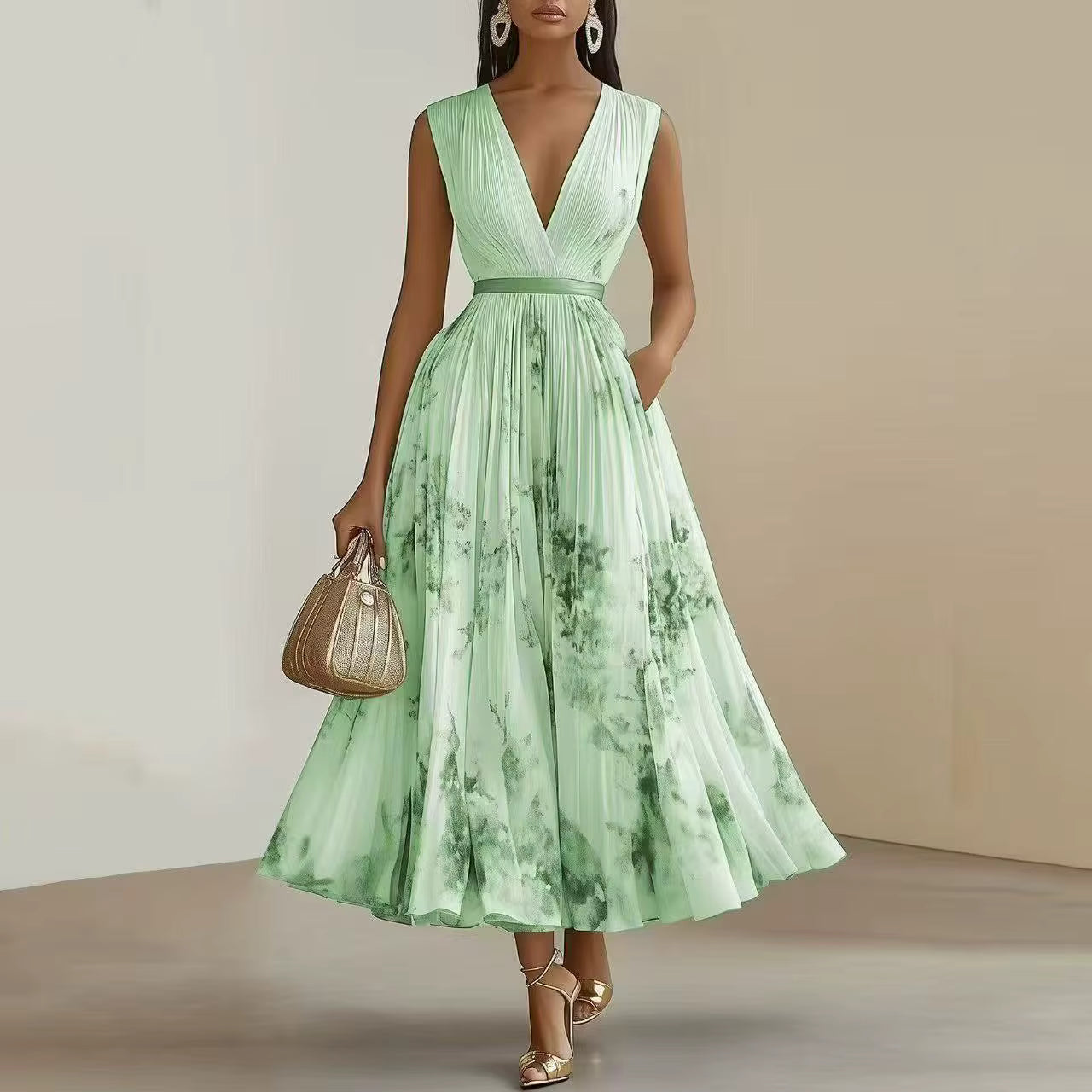 Rosella | Vestito Lungo Plissettato Floreale con Scollatura a V