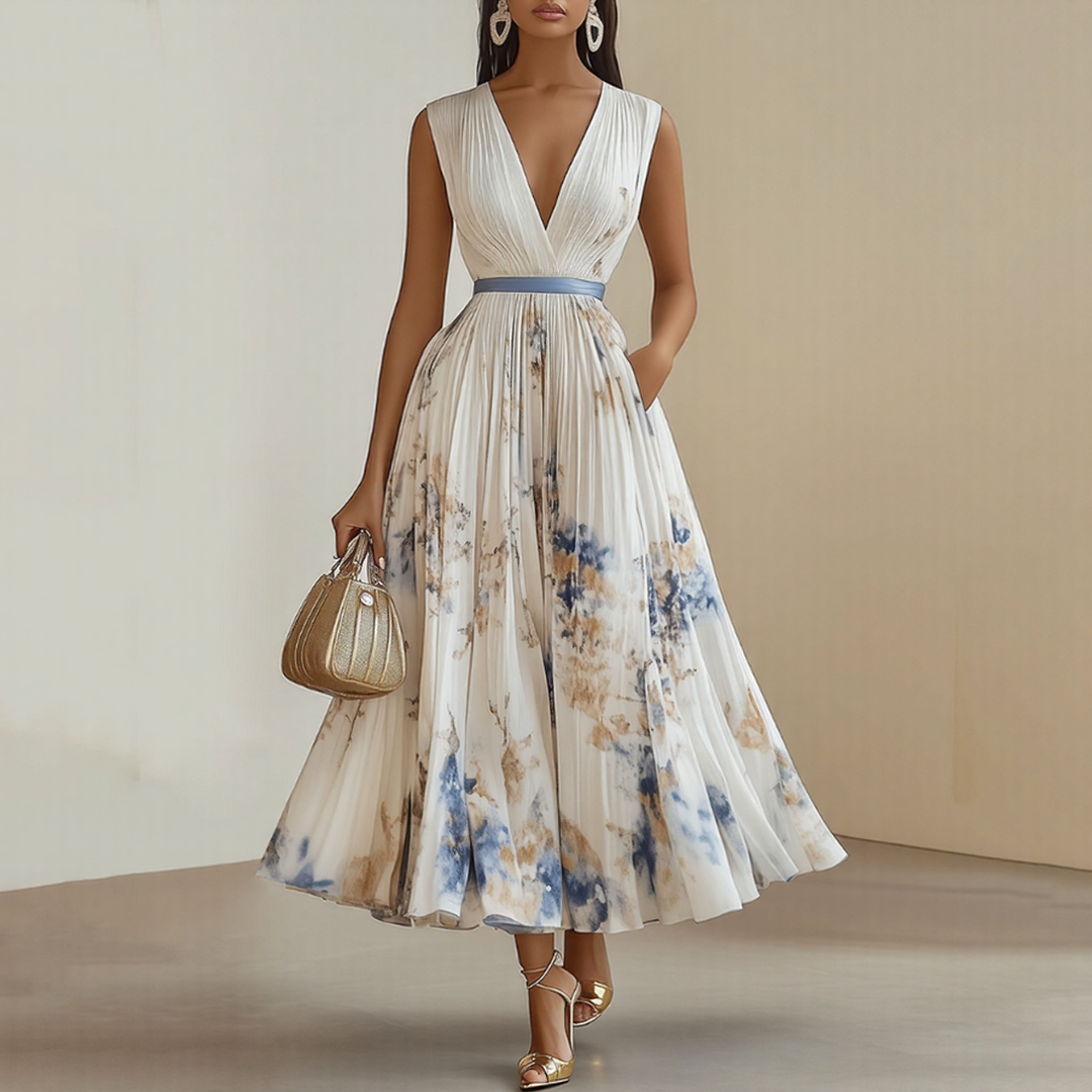 Rosella | Vestito Lungo Plissettato Floreale con Scollatura a V