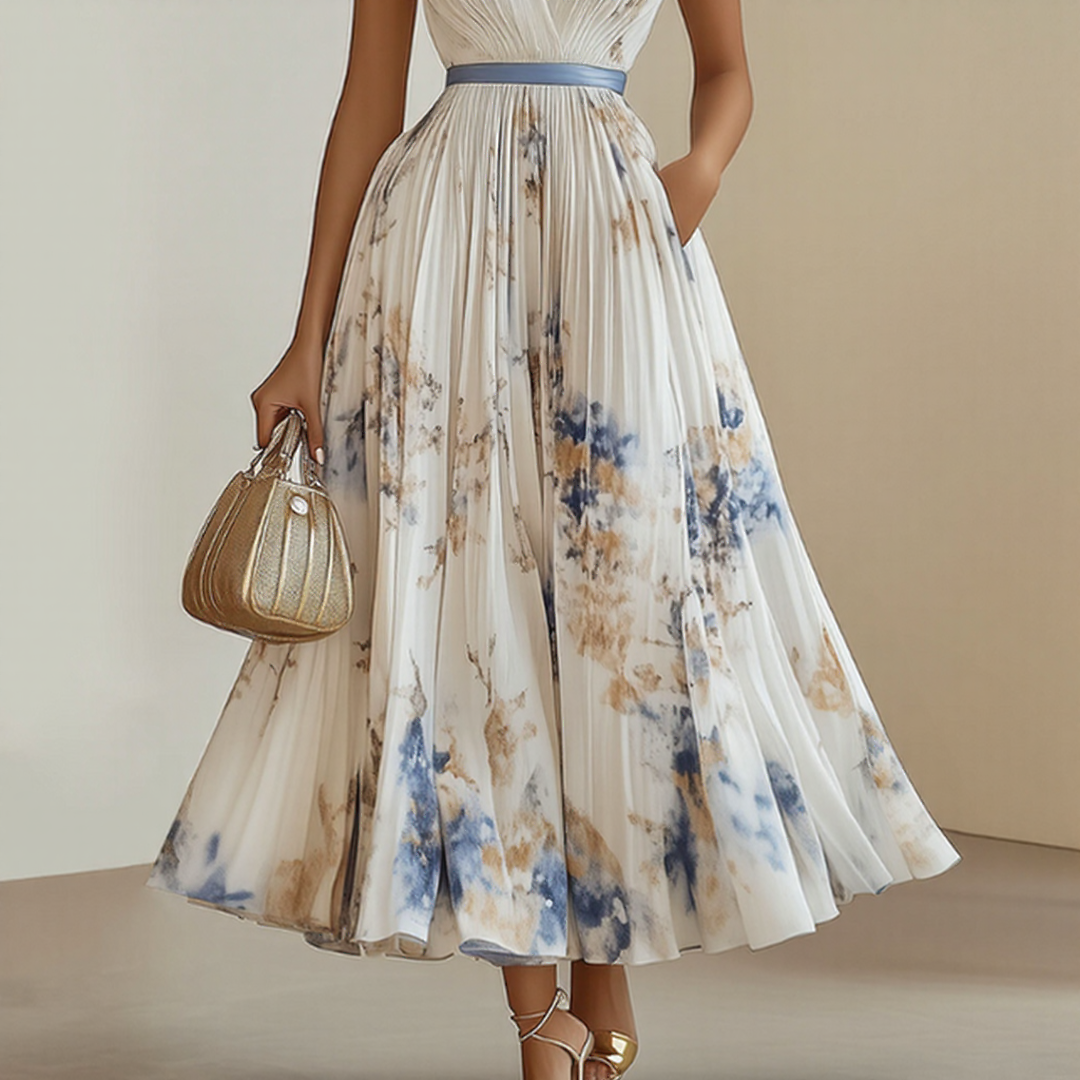 Rosella | Vestito Lungo Plissettato Floreale con Scollatura a V