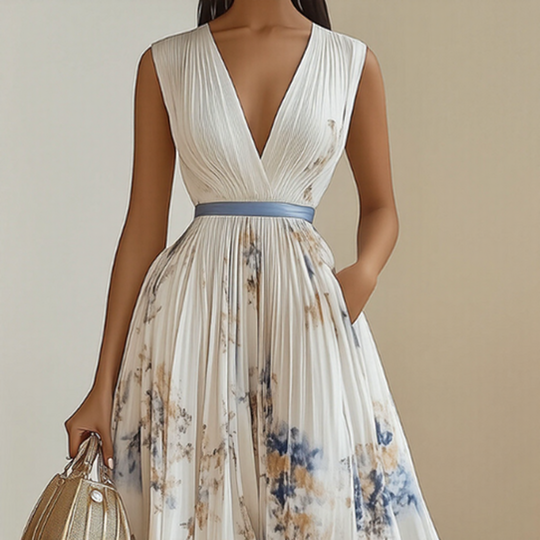 Rosella | Vestito Lungo Plissettato Floreale con Scollatura a V