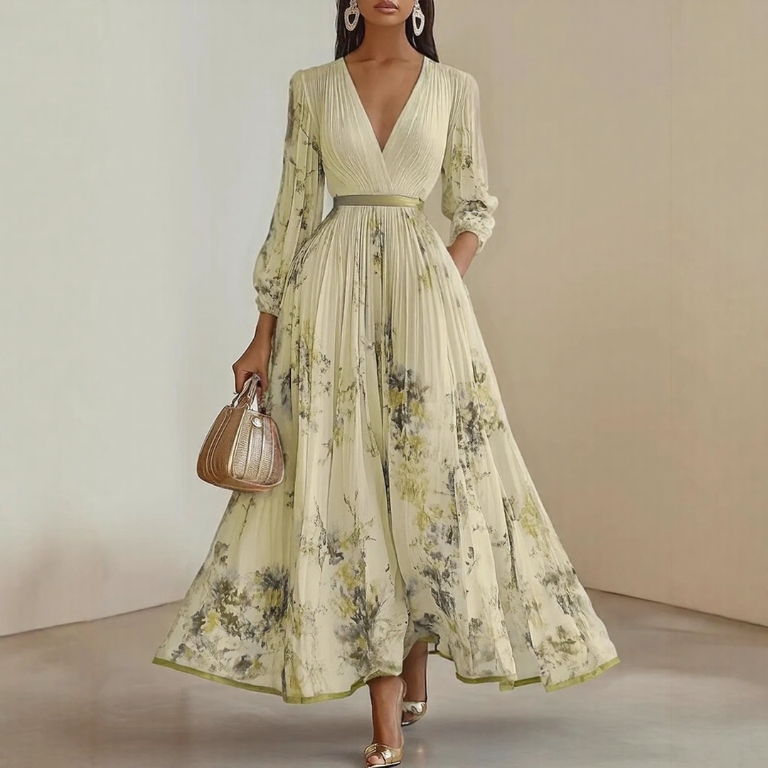 Rosella | Vestito Lungo Plissettato Floreale con Scollatura a V