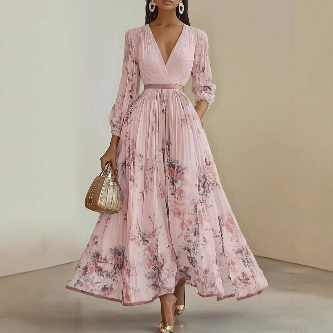 Rosella | Vestito Lungo Plissettato Floreale con Scollatura a V