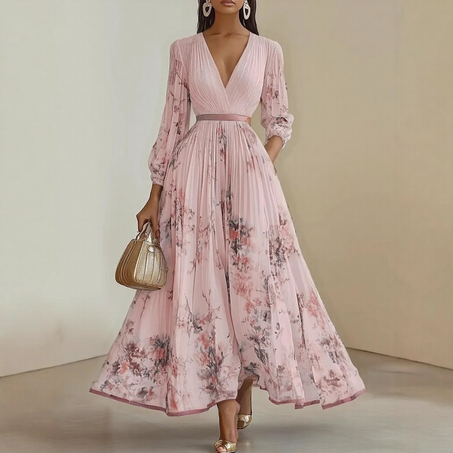 Rosella | Vestito Lungo Plissettato Floreale con Scollatura a V
