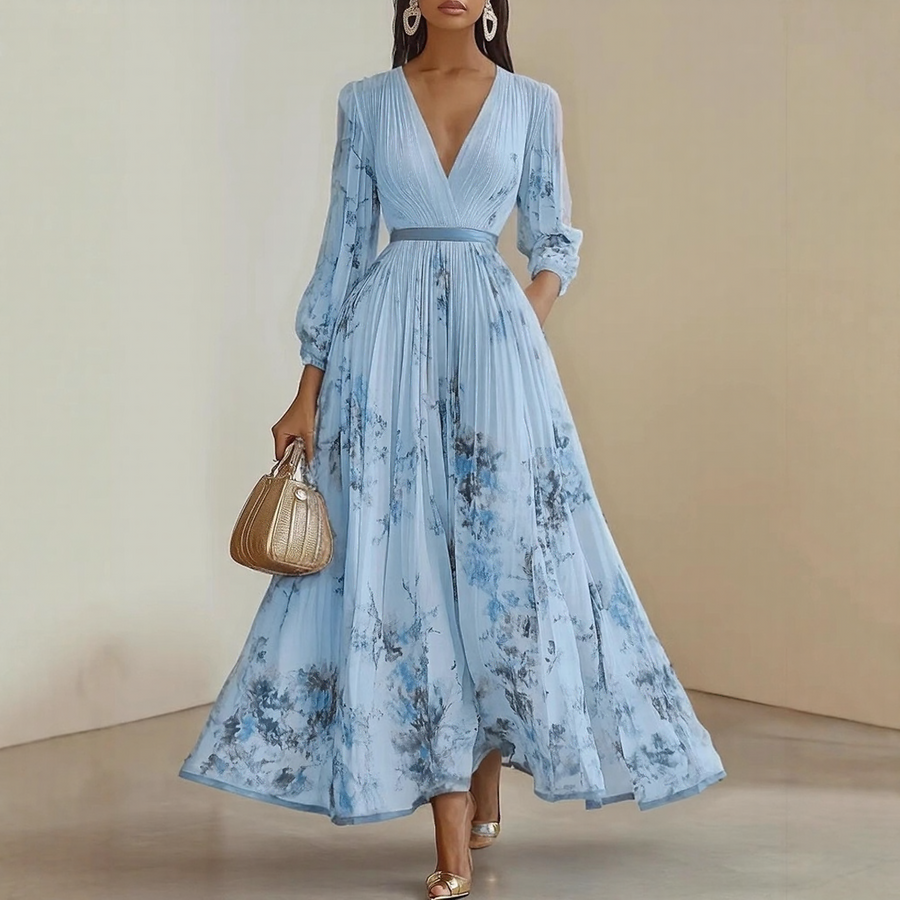 Rosella | Vestito Lungo Plissettato Floreale con Scollatura a V