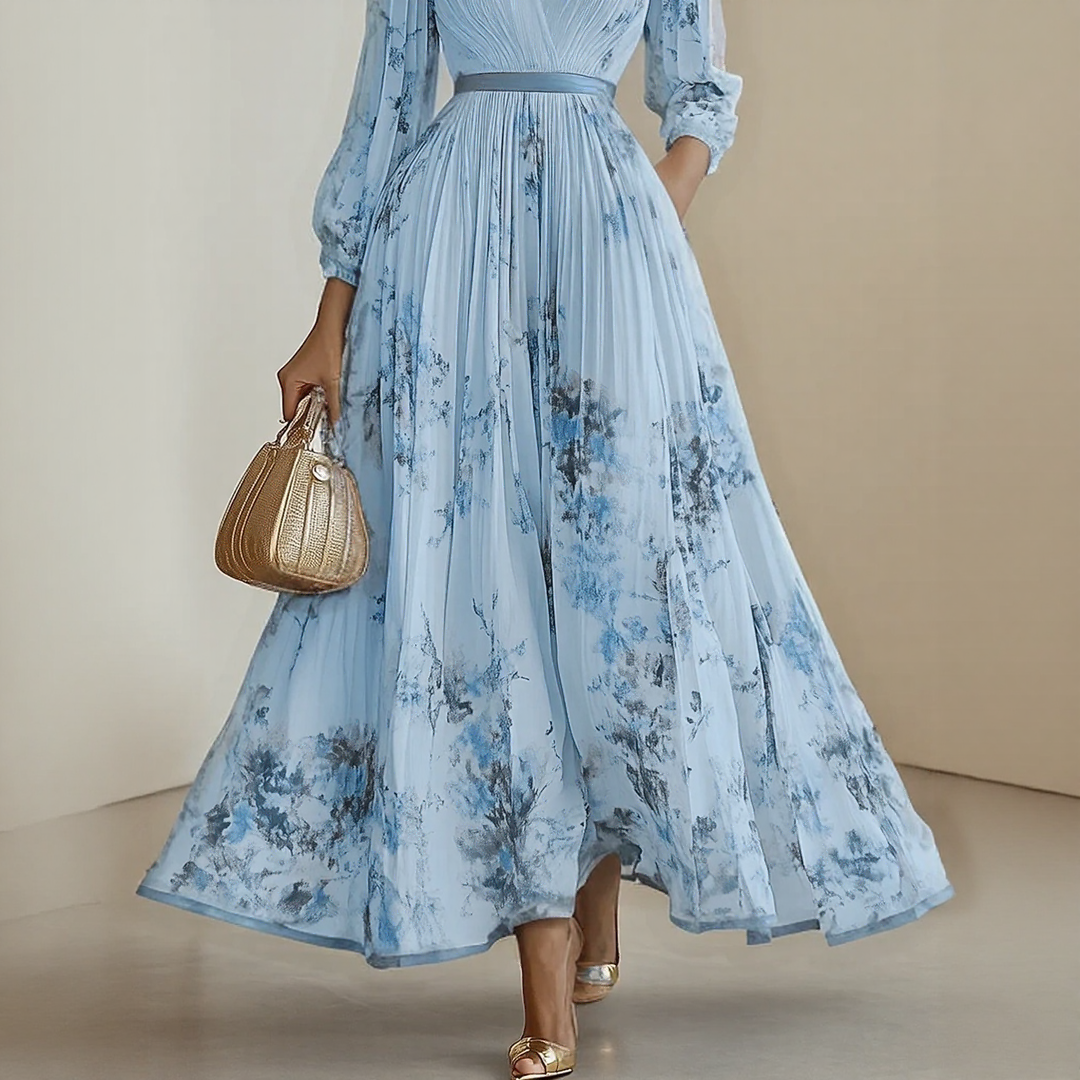 Rosella | Vestito Lungo Plissettato Floreale con Scollatura a V