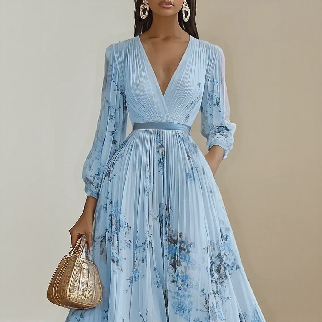 Rosella | Vestito Lungo Plissettato Floreale con Scollatura a V