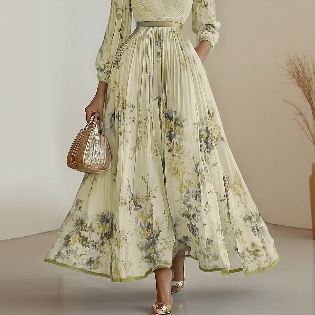 Rosella | Vestito Lungo Plissettato Floreale con Scollatura a V