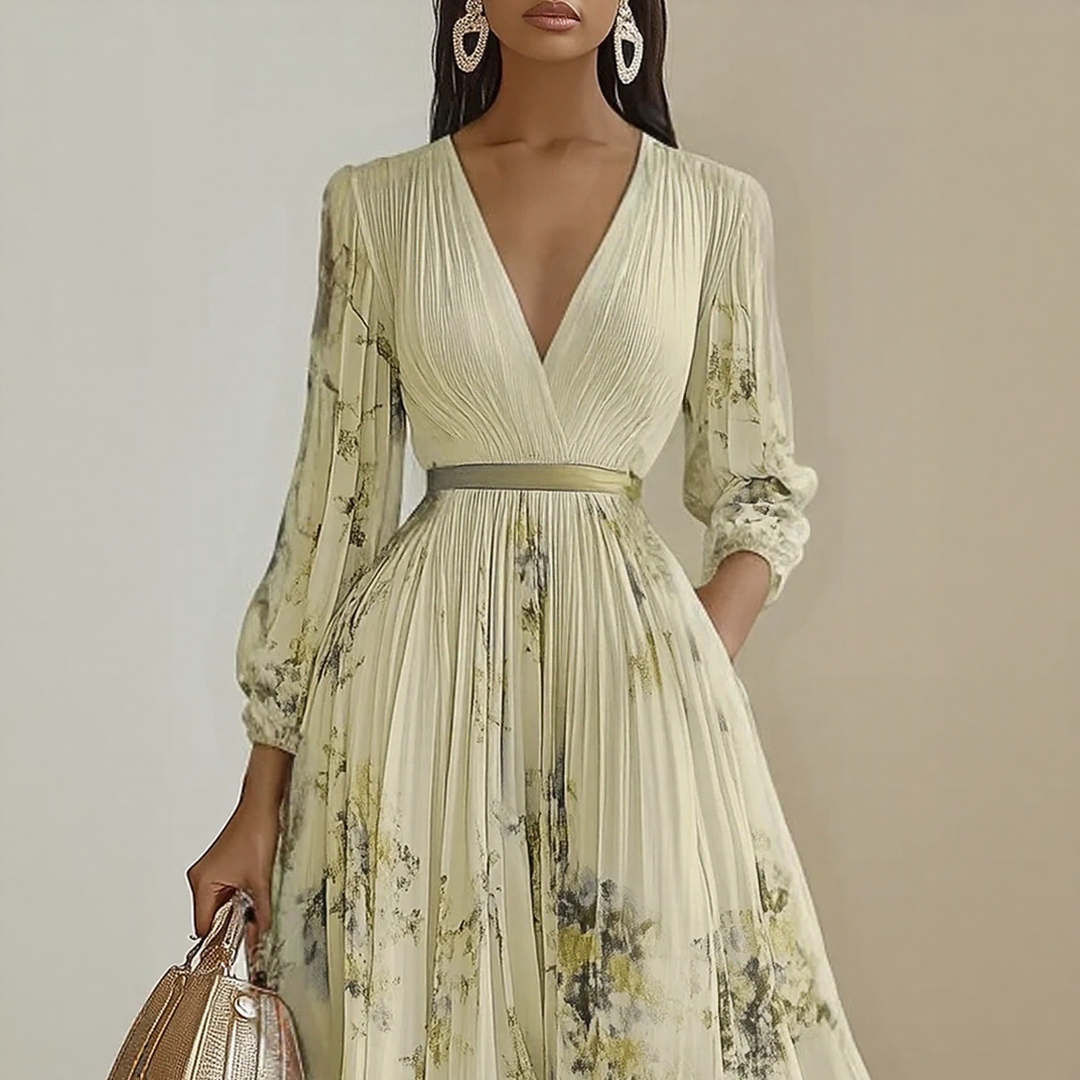 Rosella | Vestito Lungo Plissettato Floreale con Scollatura a V