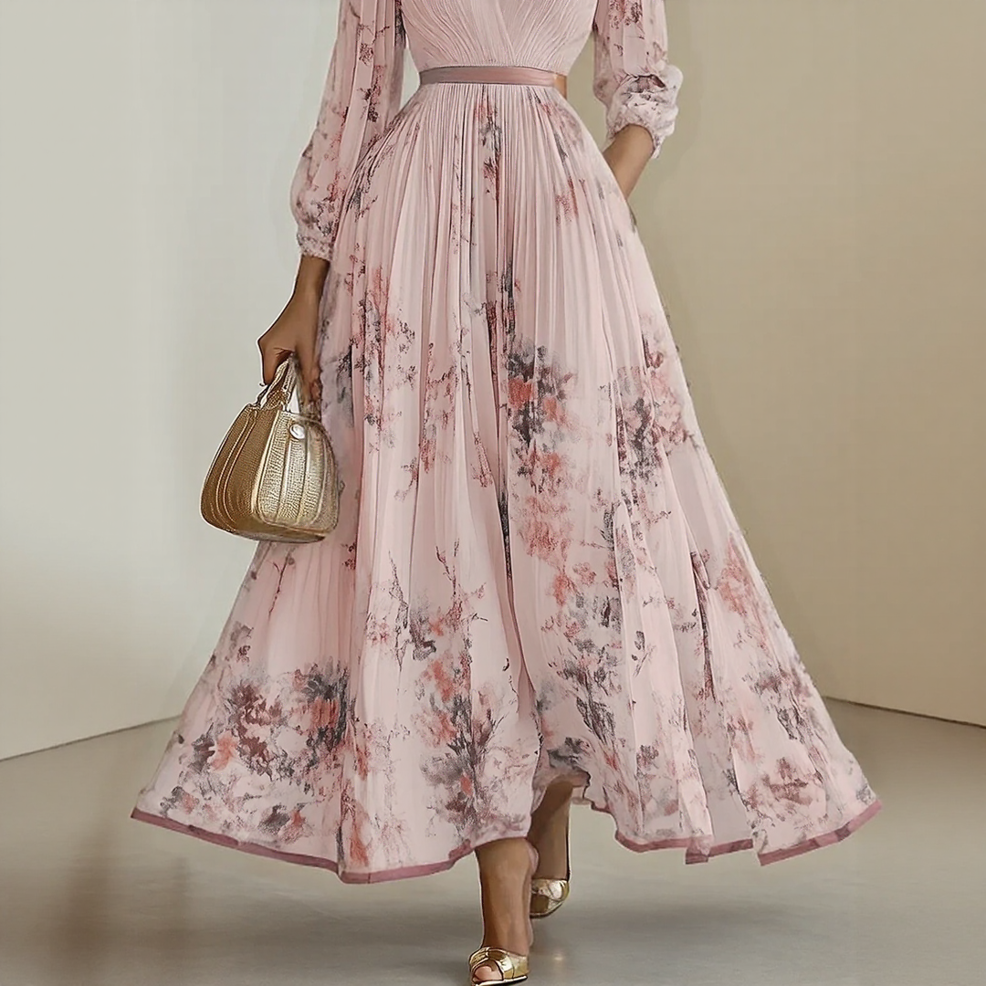 Rosella | Vestito Lungo Plissettato Floreale con Scollatura a V