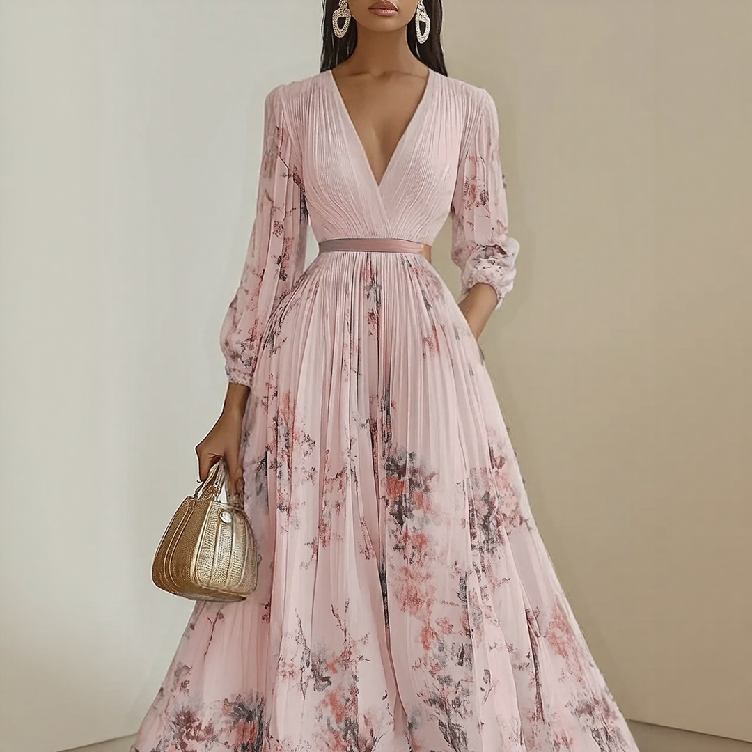 Rosella | Vestito Lungo Plissettato Floreale con Scollatura a V