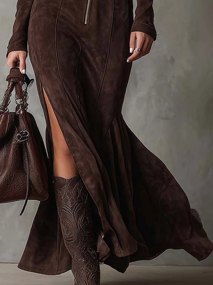ALMUDENA | Vestito lungo marrone con cintura