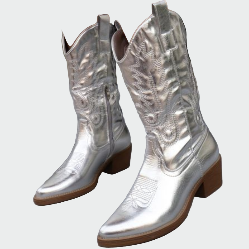 Estrella | Stivaletti da Cowboy Metallici Rosa con Ricamo