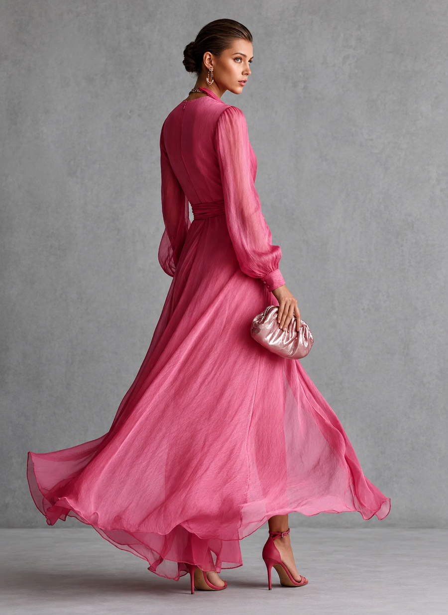 Gloria Vestito Maxi in Chiffon con Scollatura a V