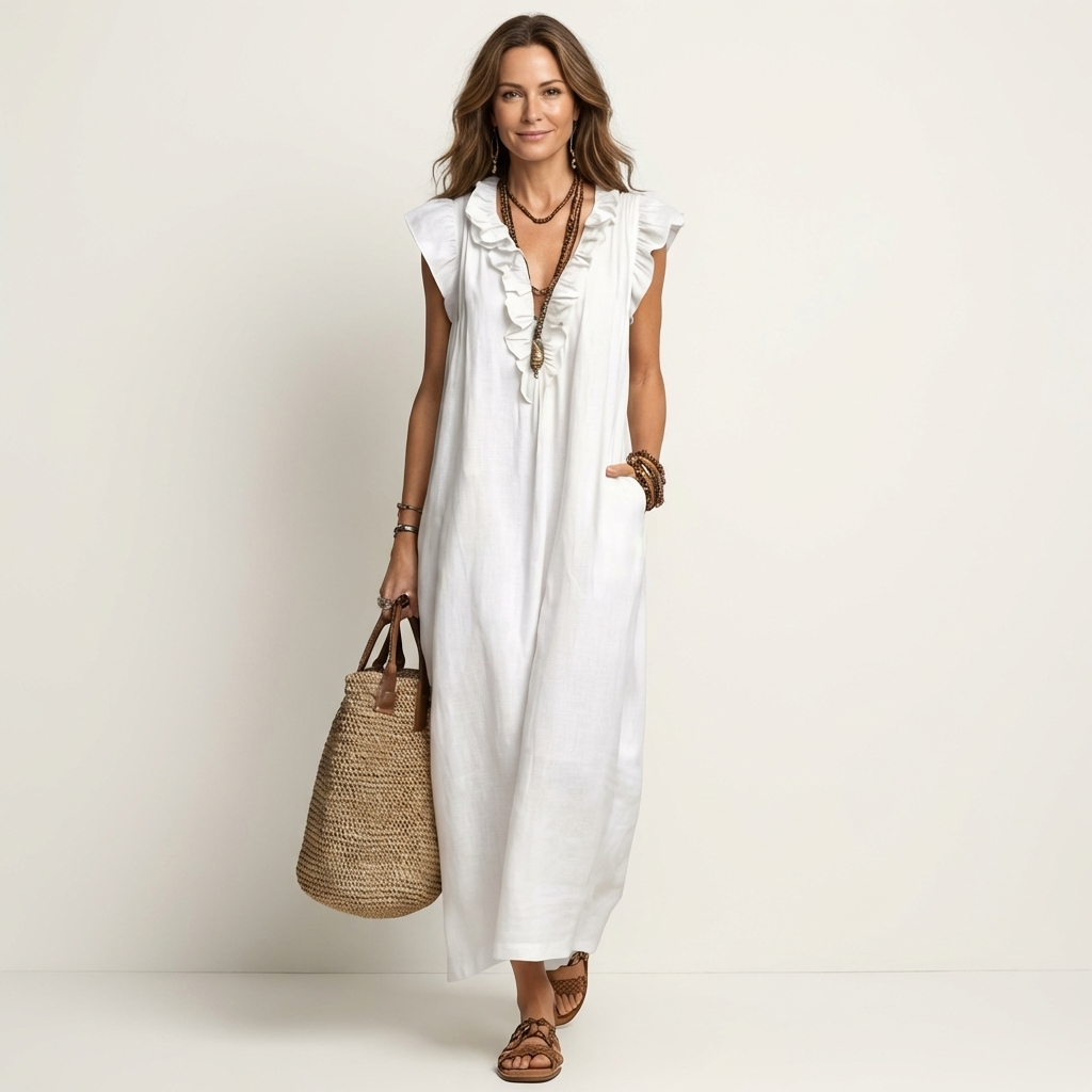 Josette | Vestito Maxi in Lino con Volant e Scollatura a V