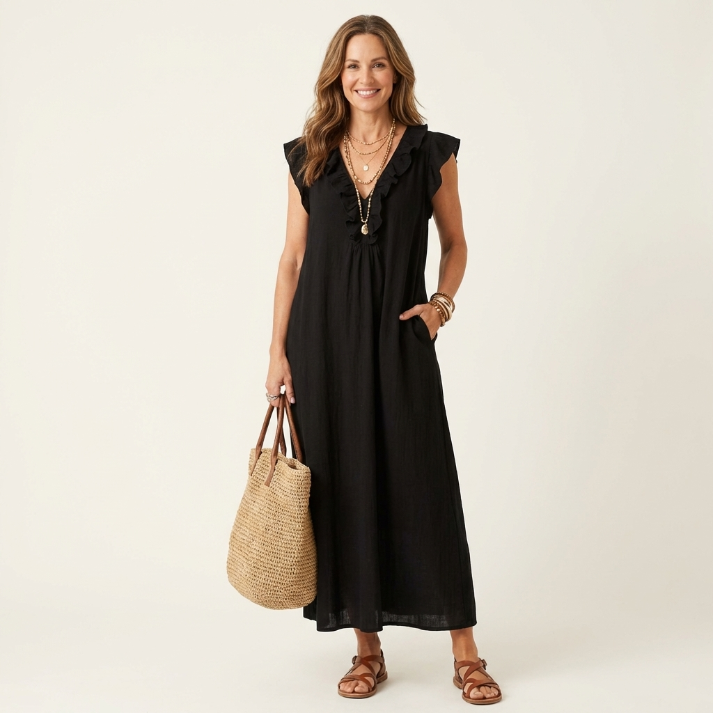 Josette | Vestito Maxi in Lino con Volant e Scollatura a V
