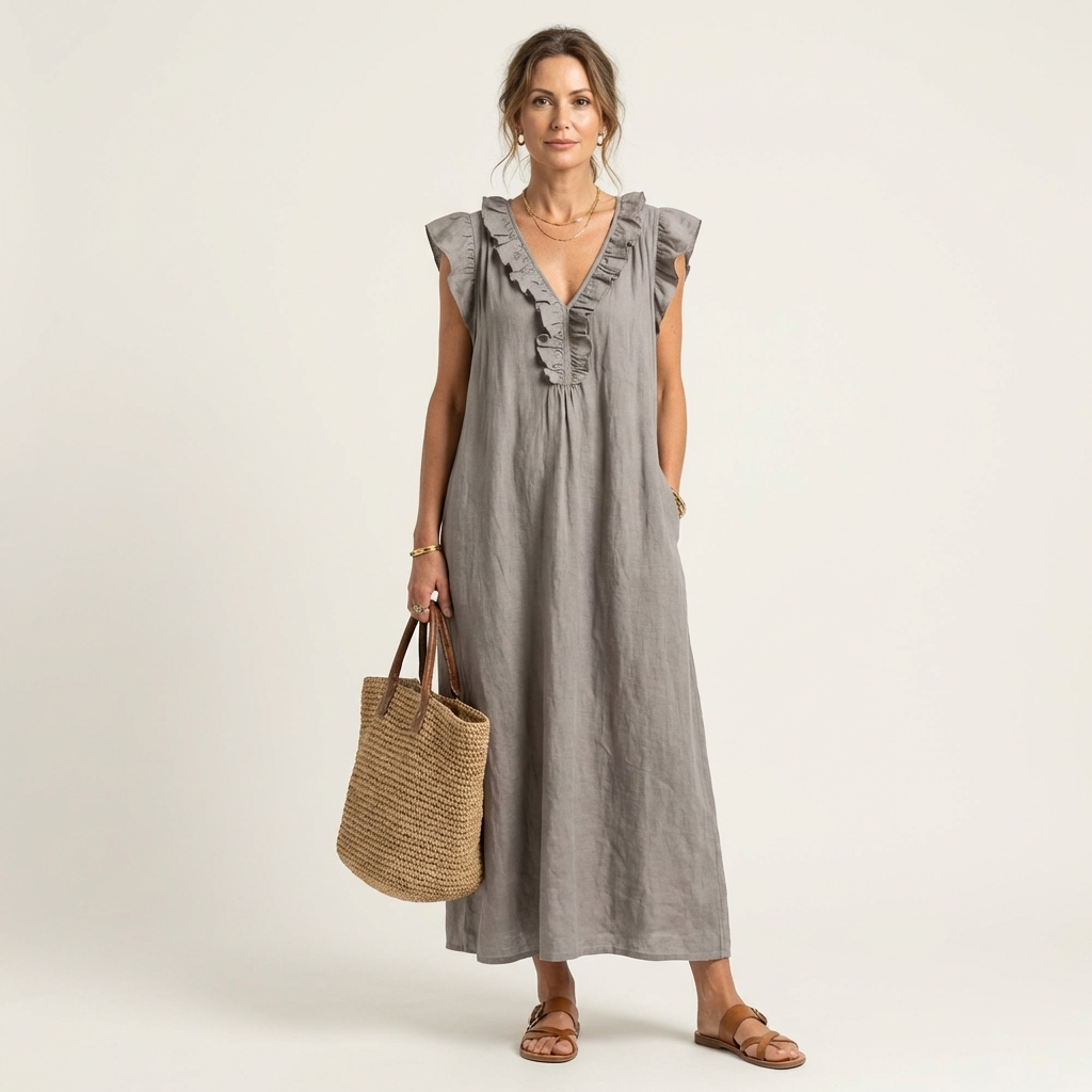 Josette | Vestito Maxi in Lino con Volant e Scollatura a V