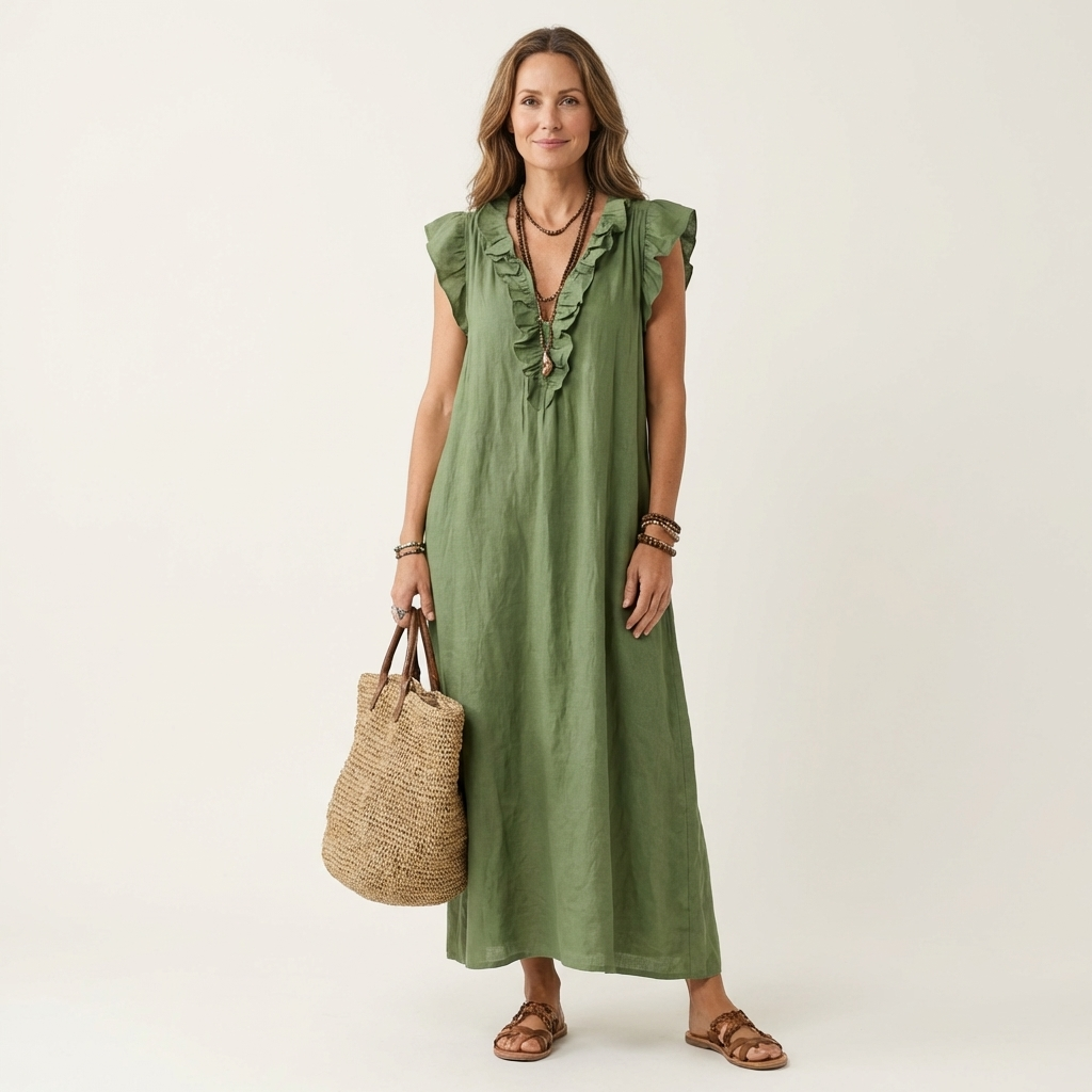 Josette | Vestito Maxi in Lino con Volant e Scollatura a V