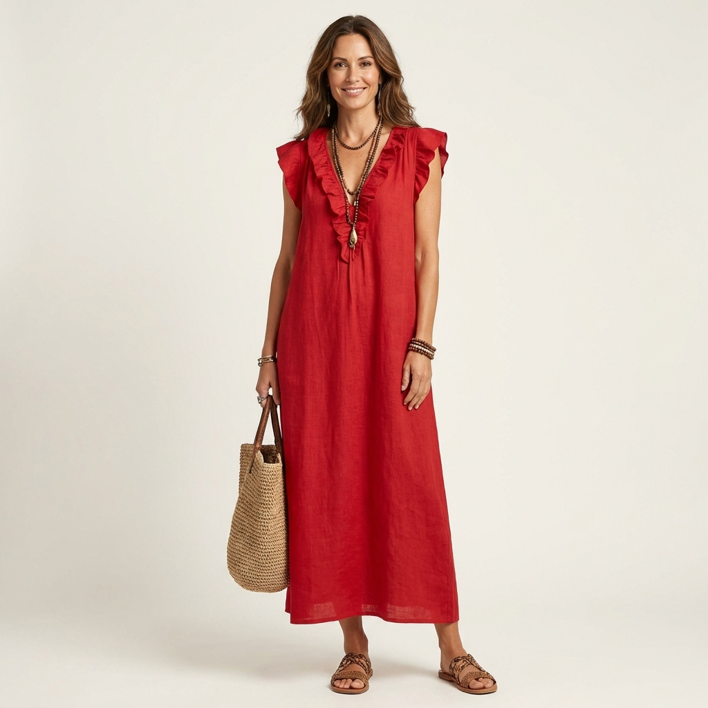 Josette | Vestito Maxi in Lino con Volant e Scollatura a V