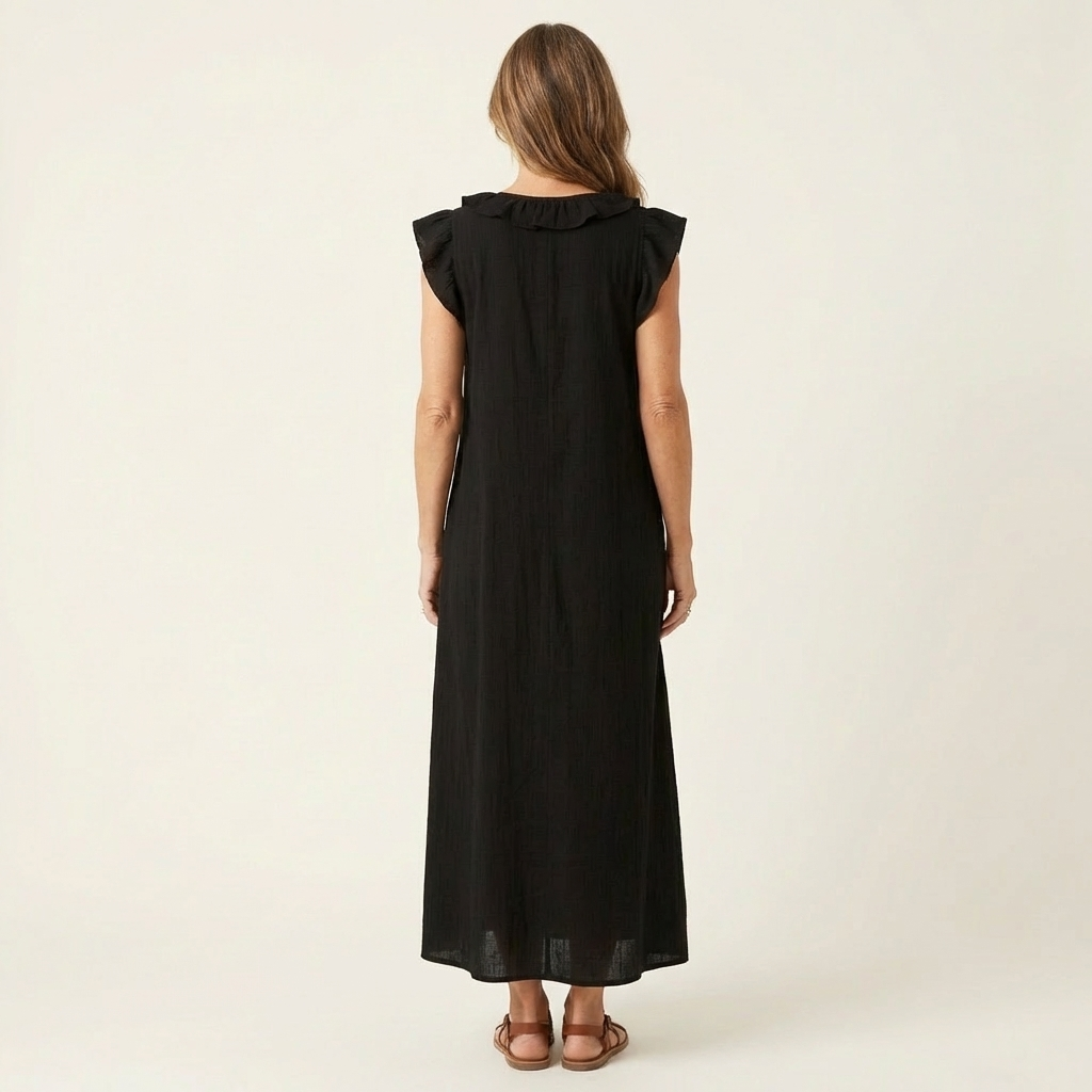 Josette | Vestito Maxi in Lino con Volant e Scollatura a V
