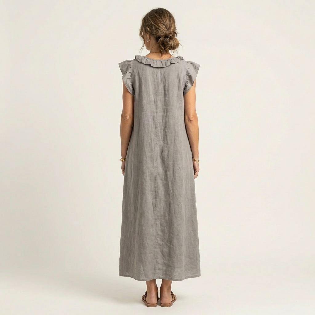 Josette | Vestito Maxi in Lino con Volant e Scollatura a V