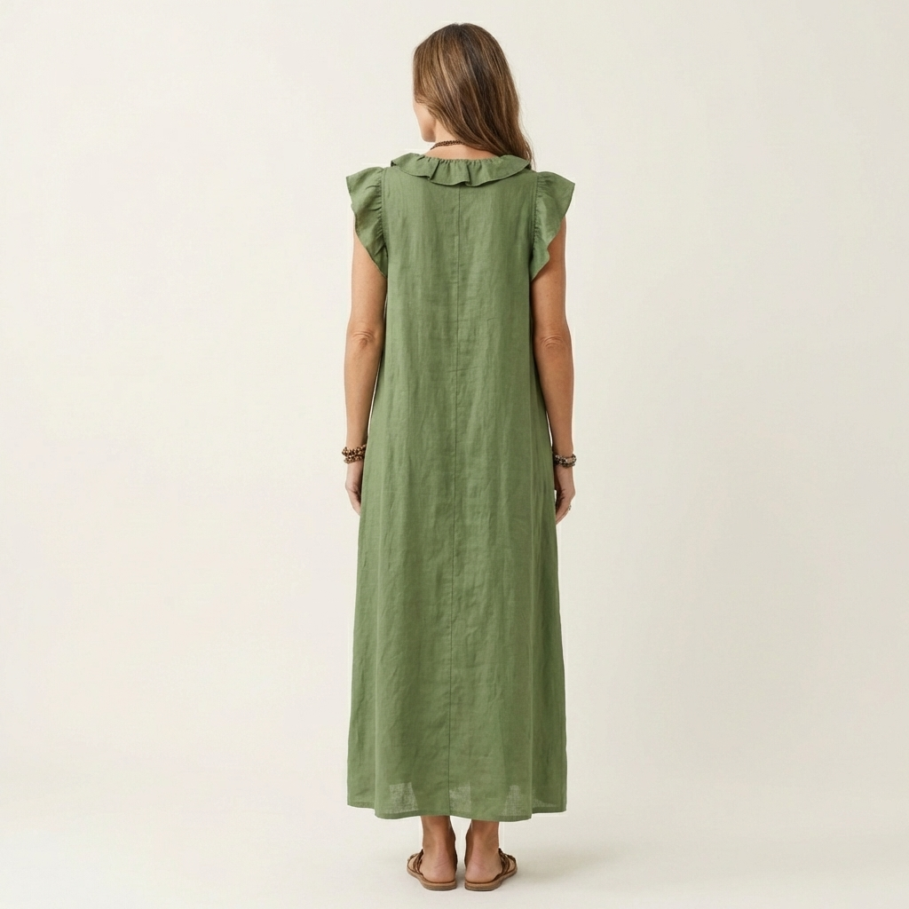 Josette | Vestito Maxi in Lino con Volant e Scollatura a V