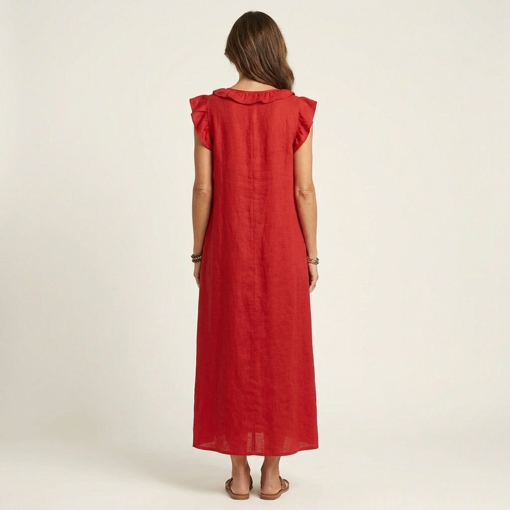 Josette | Vestito Maxi in Lino con Volant e Scollatura a V