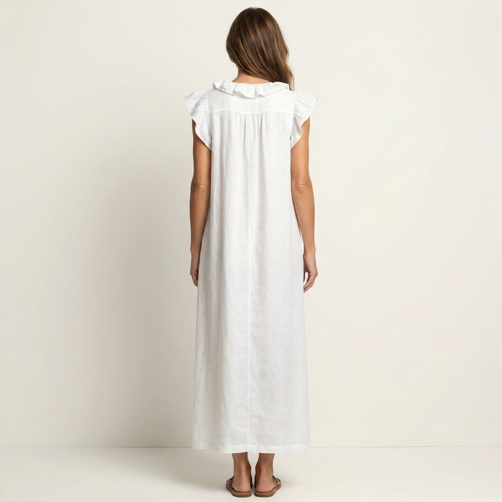 Josette | Vestito Maxi in Lino con Volant e Scollatura a V