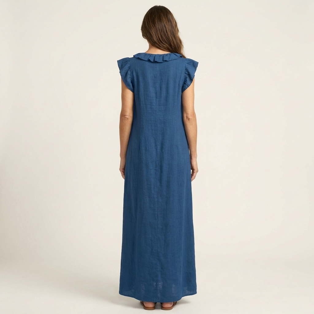 Josette | Vestito Maxi in Lino con Volant e Scollatura a V