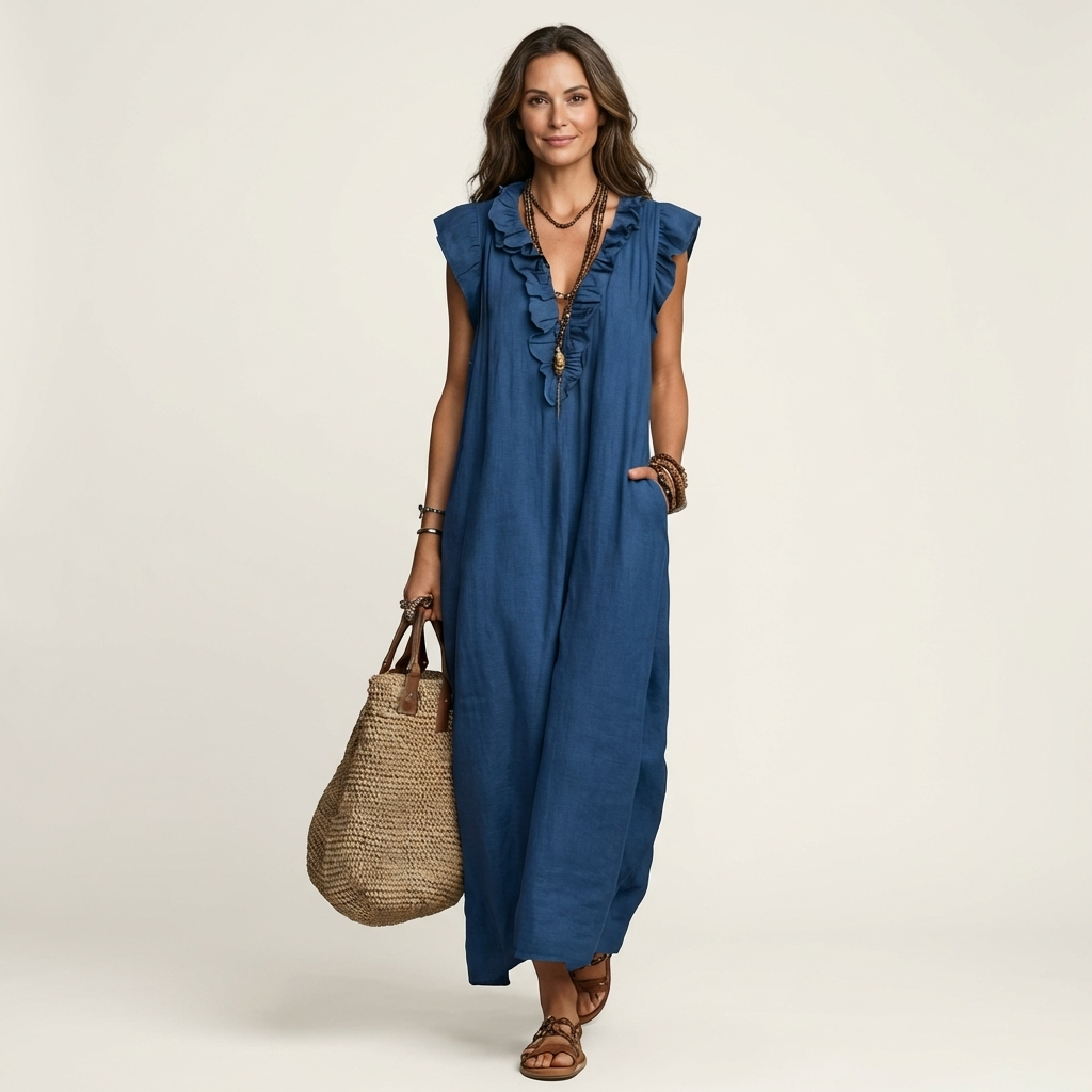 Josette | Vestito Maxi in Lino con Volant e Scollatura a V