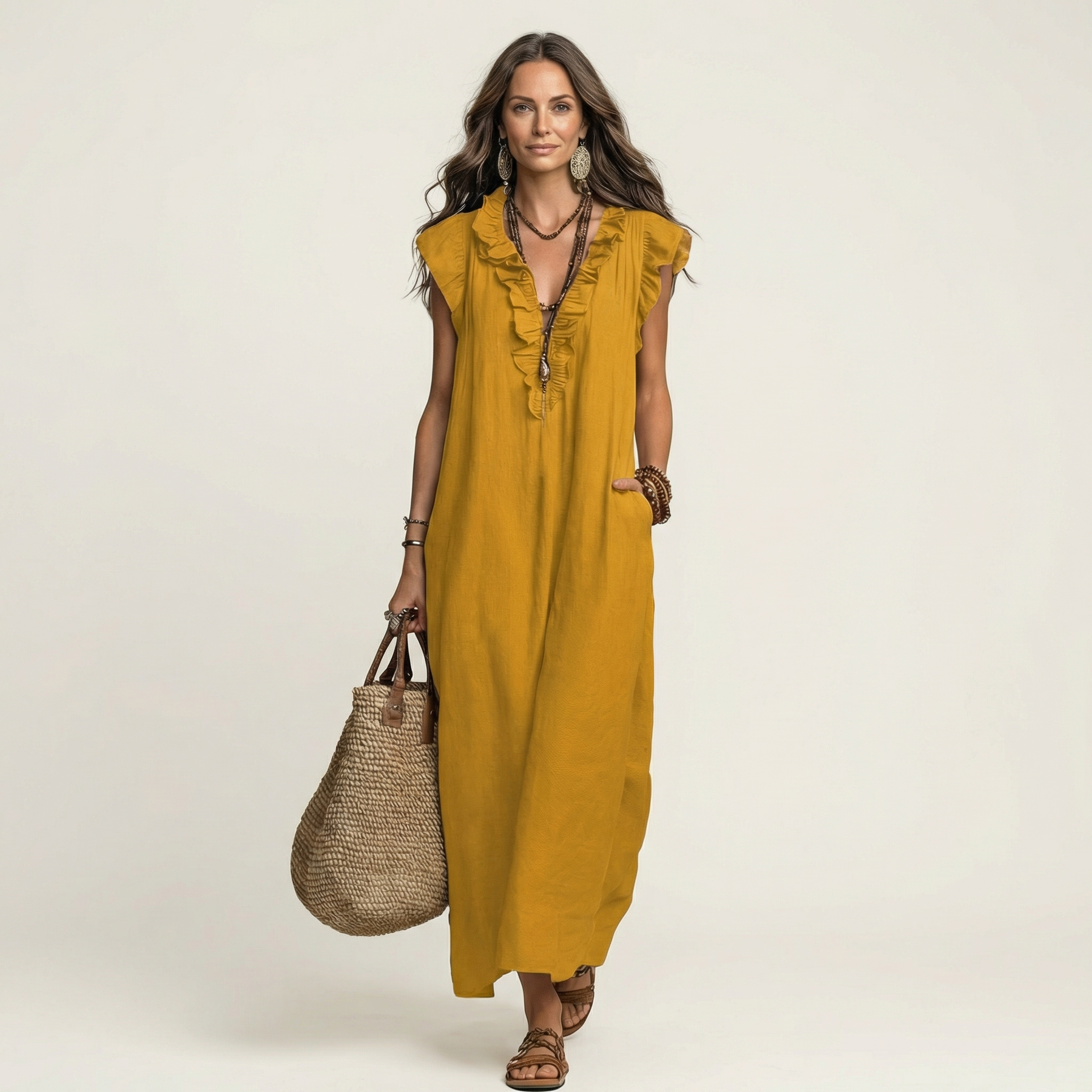 Josette | Vestito Maxi in Lino con Volant e Scollatura a V