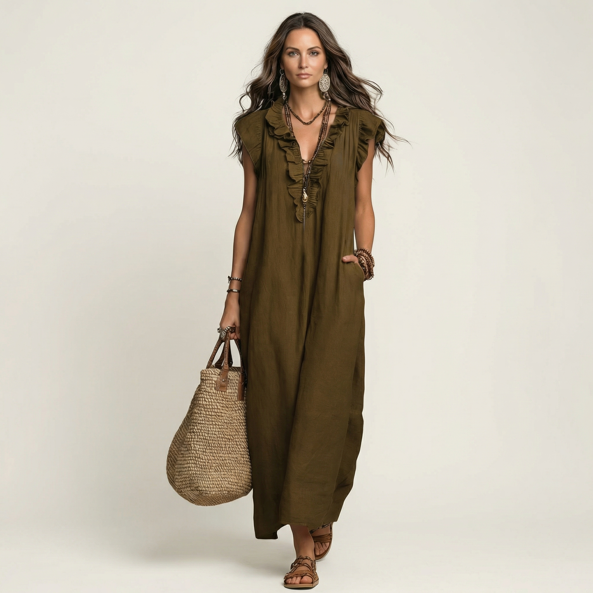 Josette | Vestito Maxi in Lino con Volant e Scollatura a V