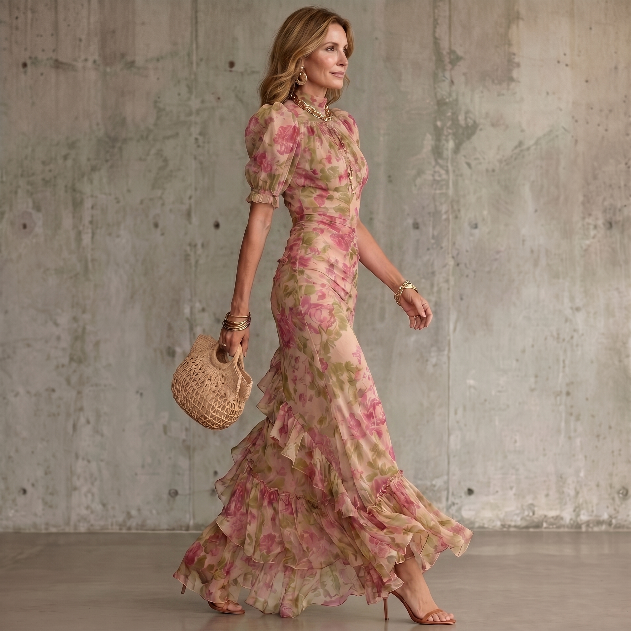 Fiora | Vestito Maxi con Stampa di Rosa Vintage
