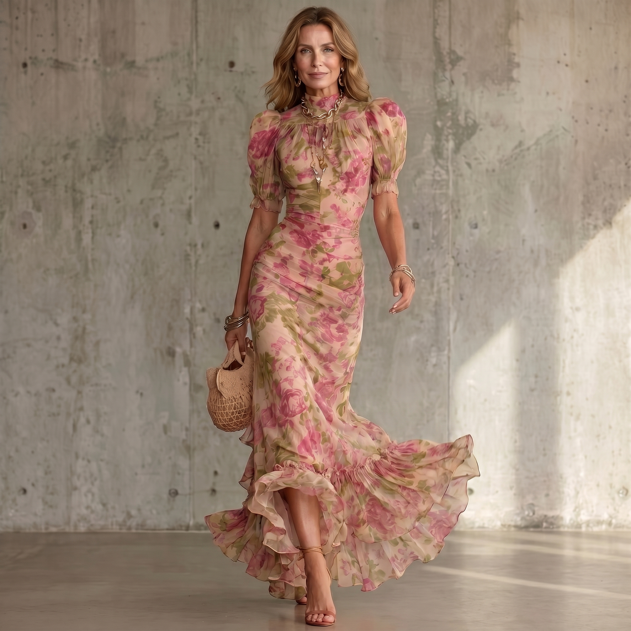 Fiora | Vestito Maxi con Stampa di Rosa Vintage