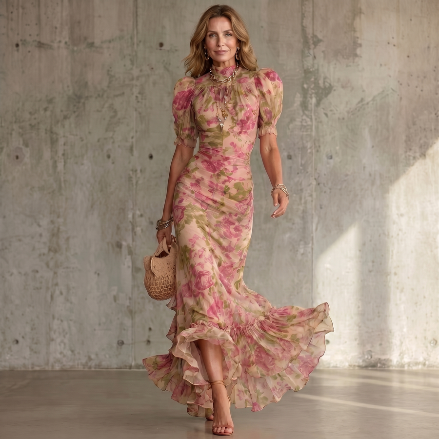 Fiora | Vestito Maxi con Stampa di Rosa Vintage