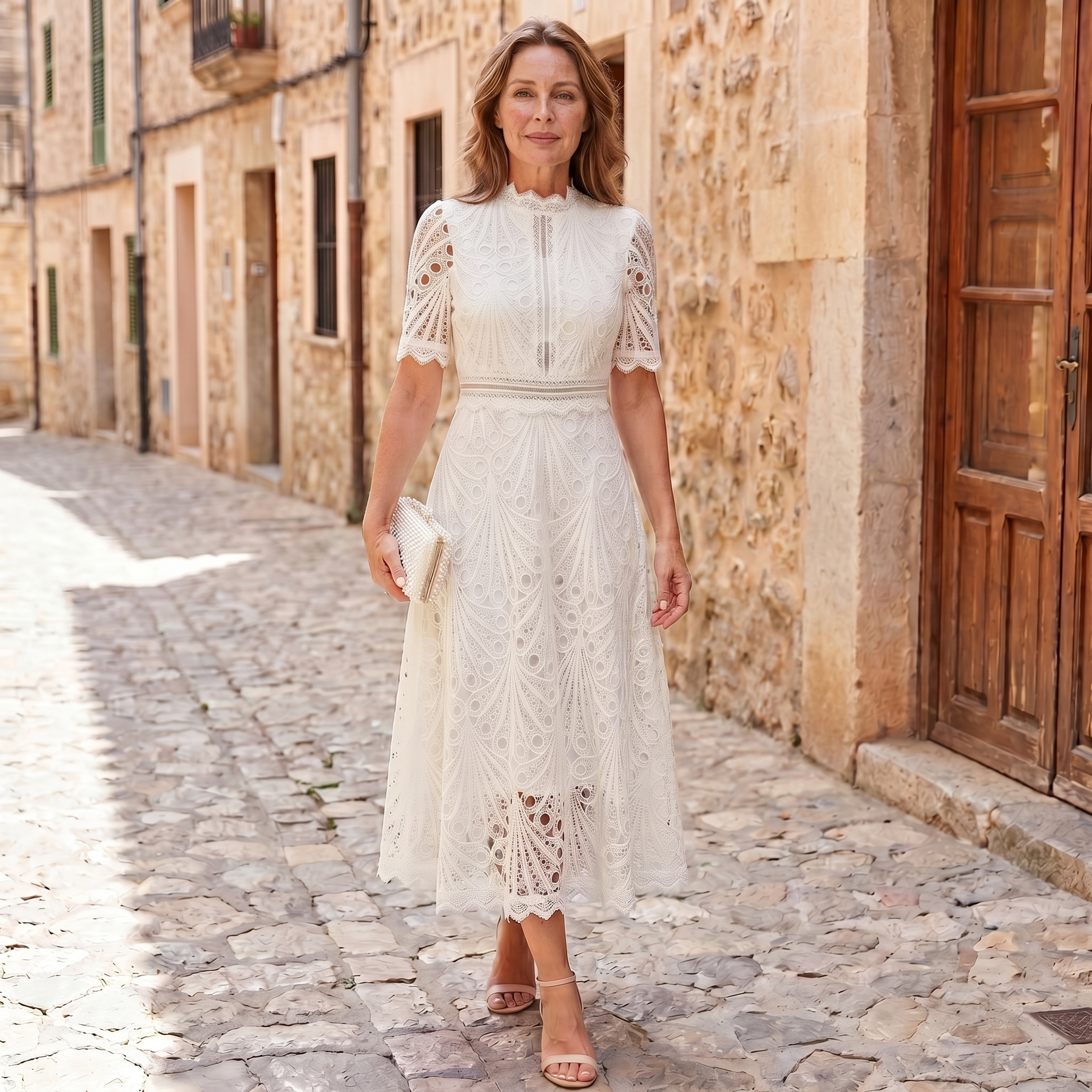 Charlisse – Pizzo sofisticato in vestito midi con collo alto