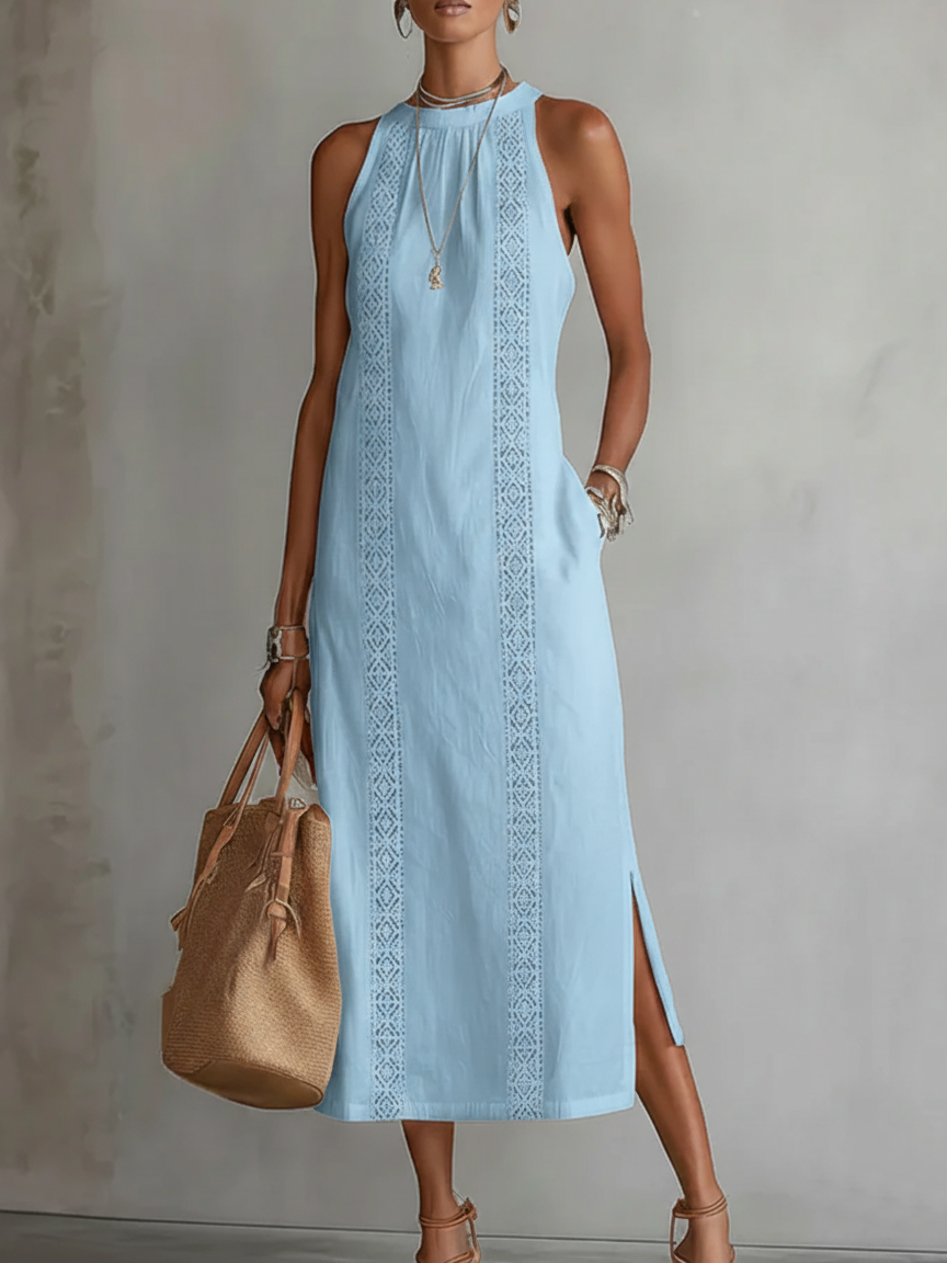 Jimena - Vestito midi in lino con collo mao
