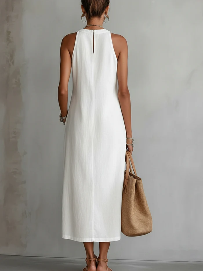 Jimena - Vestito midi in lino con collo mao
